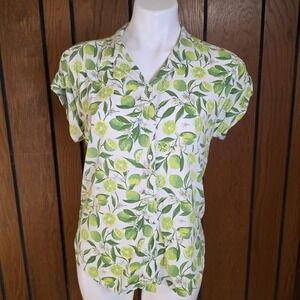Alex & Jordan Women's Citrus Green Fruit Print Button Up Short Sleeve Top Small